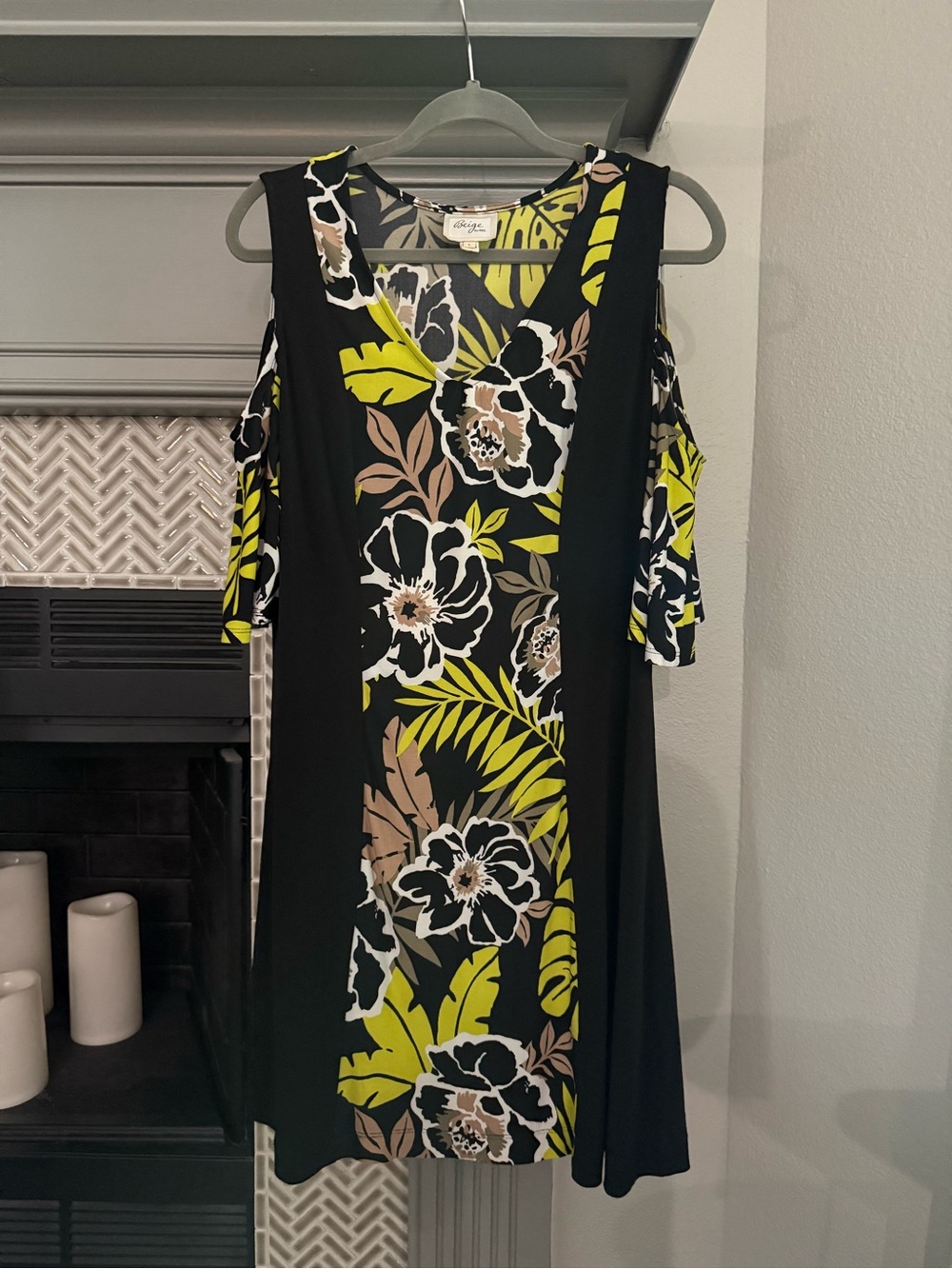 Beige by eci Black Floral Cold-Shoulder Dress with Green and Tan Leaves